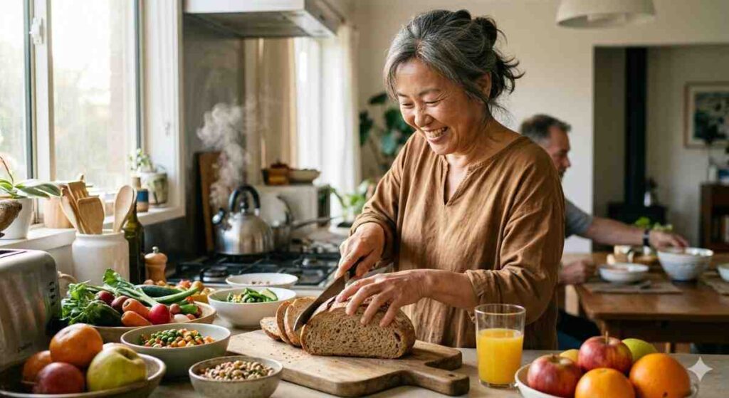 A cheerful, authentic portrait of a joyful middle-aged East Asian woman slicing whole-wheat sourdough bread in a sun-drenched home kitchen. She smiles broadly while surrounded by bowls of vibrant, fresh vegetables, fruits, and a glass of diluted pure orange juice. The warm, inviting setting suggests healthy, complex carbohydrates as the foundation for a vibrant life.