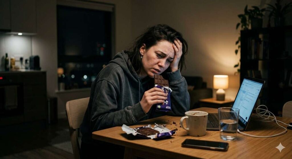 A candid, close-up photo focuses sharply on the weary and slightly bloated expression of the woman from image_16.png, with her curly dark hair. She wears a simple white t-shirt. She is hunched over a worn wooden table in her plant-filled kitchen, looking down listlessly. On the table, a half-empty glass of milk and a ceramic plate with a small block of cheese (from image_16.png) are visibly neglected. Her right hand, with the same hammered gold wedding band from image_12.png, is near but not touching the food. Natural sunlight filters from the window, casting realistic shadows and highlighting her expression of discomfort and the texture of her skin and the table.