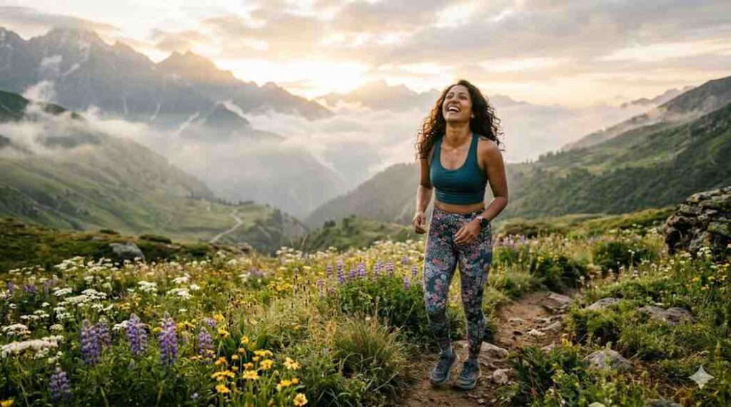 Joyful South Asian woman hiking in a sun-drenched Himalayan meadow at sunrise with wildflowers.