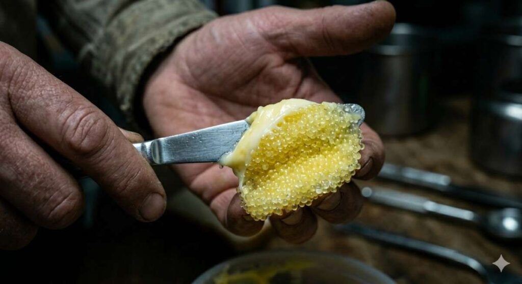 A hyper-detailed macro photograph of weathered, porous skin on the hands of the Caucasian man from image_18.png, holding a stainless steel spatula lifting a glistening mass of industrial margarine. The substance is mid-metamorphosis, with tiny, hard, spherical beads of translucent yellow 'plastic-like' material emerging from the smooth spread. Harsh industrial fluorescent light from above highlights every glistening facet and the deep skin texture. The background is a dark, moody workshop with indistinct tools. Taken on Fujifilm GFX 100 with a 120mm macro lens, f/5.6.