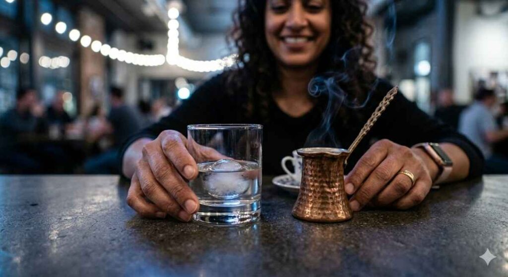 A candid, high-contrast close-up shot focused on a dark, industrial concrete bar table with soft, cool ambient lighting. Two hands belong to the smiling woman seen softly-focused in the background. Her right hand, wearing the gold wedding ring from image_12.png, rests on the concrete, reaching towards a heavy-bottomed whiskey glass half-filled with clear water and a single ice sphere. Resting adjacent is an ornate miniature tarnished copper coffee pot and demitasse cup, from which swirling, wisping steam catches a subtle blue highlight. A simple fitness watch is visible on her left wrist. The objects and hands are sharply defined, dissolving into a warm, blurred background with string lights. Shot on Sony A7R IV, 35mm f/1.8.