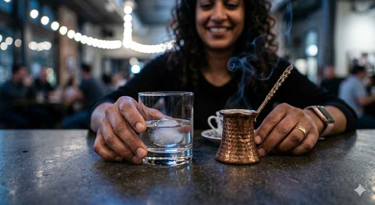 A candid, high-contrast close-up shot focused on a dark, industrial concrete bar table with soft, cool ambient lighting. Two hands belong to the smiling woman seen softly-focused in the background. Her right hand, wearing the gold wedding ring from image_12.png, rests on the concrete, reaching towards a heavy-bottomed whiskey glass half-filled with clear water and a single ice sphere. Resting adjacent is an ornate miniature tarnished copper coffee pot and demitasse cup, from which swirling, wisping steam catches a subtle blue highlight. A simple fitness watch is visible on her left wrist. The objects and hands are sharply defined, dissolving into a warm, blurred background with string lights. Shot on Sony A7R IV, 35mm f/1.8.