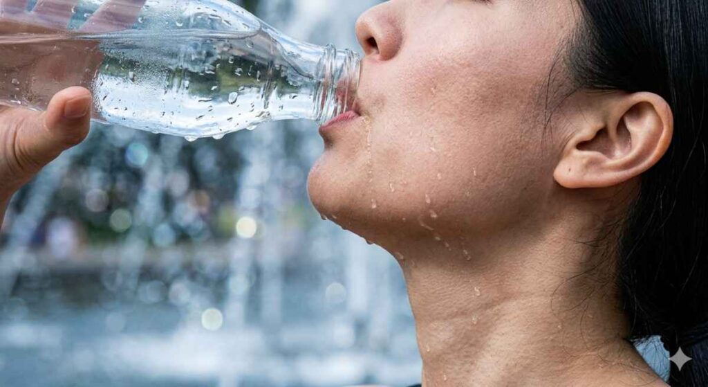 Close-up macro shot of a woman drinking water from a glass bottle with visible water droplets and skin texture.