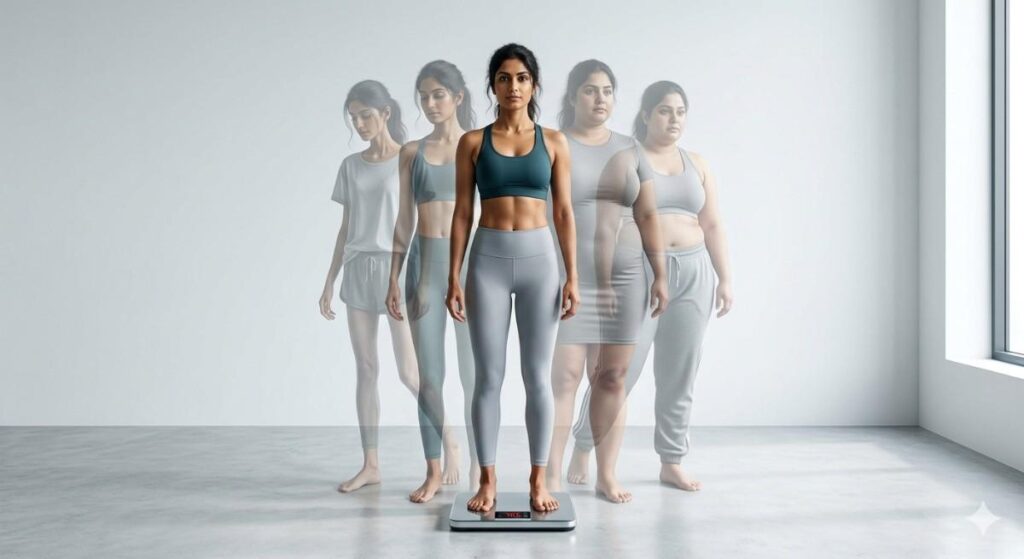 Multiple silhouettes of a woman showing different stages of weight loss on a scale.