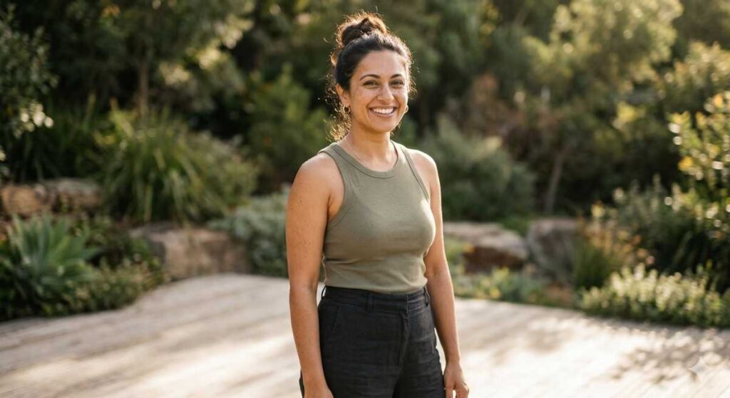 A smiling Indian woman standing in a garden with soft natural sunlight.