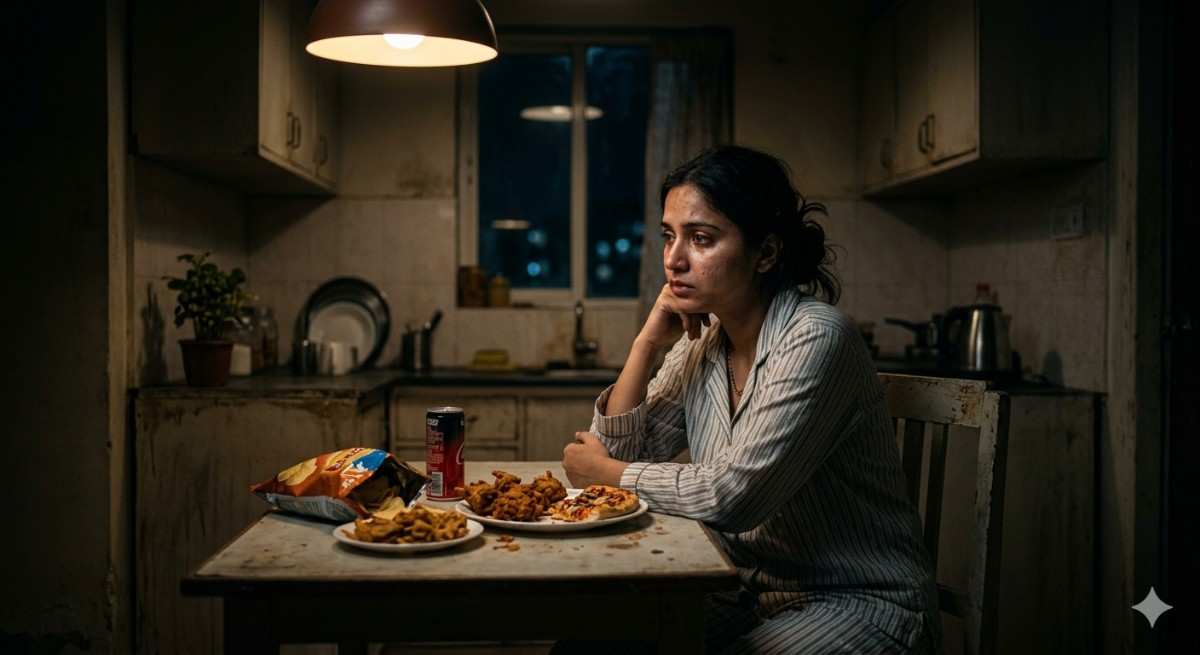 A woman sitting in a dark kitchen staring at junk food with a sad expression.