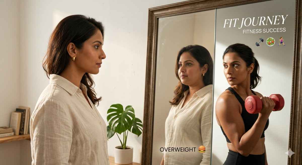 Multiple silhouettes of a woman showing different stages of weight loss on a scale.