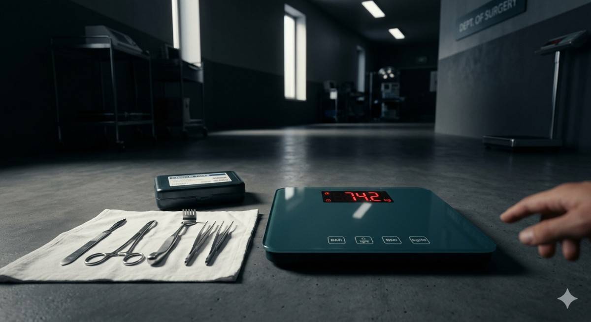 Digital weighing scale next to surgical instruments in a clinic setting.