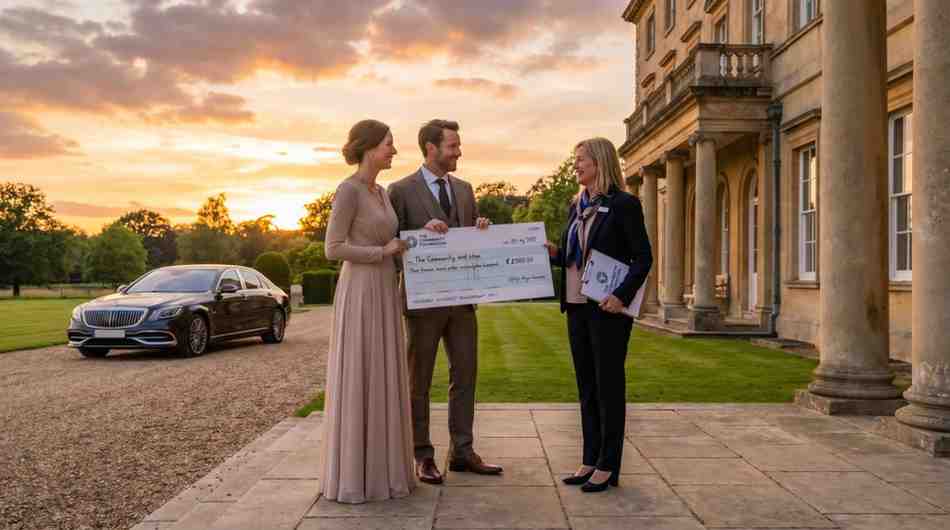 A wealthy Indian couple handing over a donation check to an NGO volunteer in front of a majestic palace home and a luxury car at sunset.