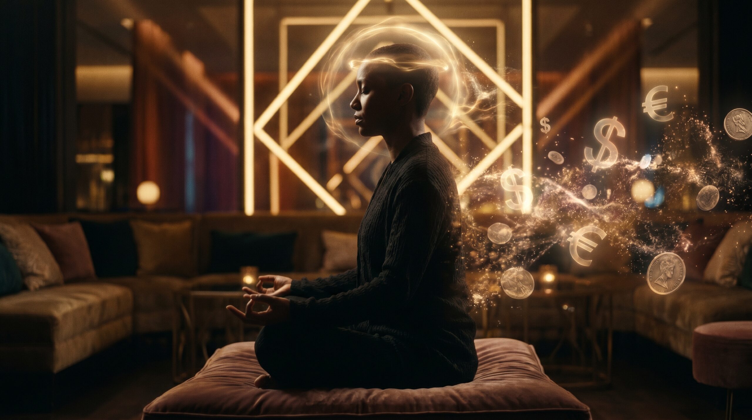 A person sitting cross-legged in a meditative pose on a plush cushion inside a luxury lounge, with a glowing golden halo and a swirl of magical, glittering currency signs and coins floating behind them.