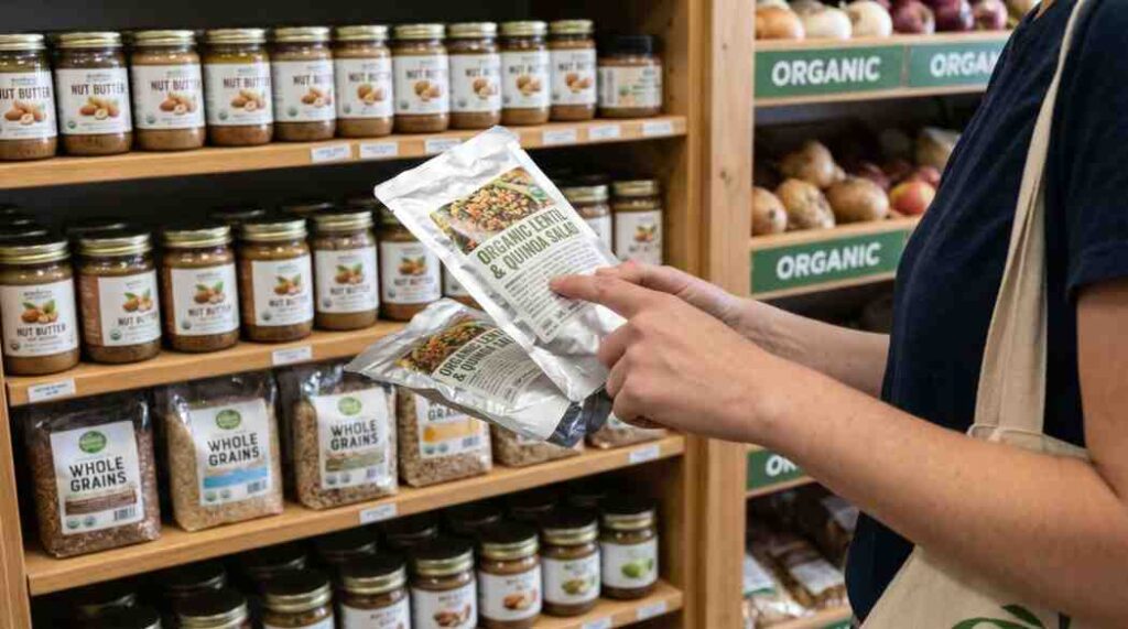 Close-up of a person's hands checking the nutrition and ingredient label of an organic lentil and quinoa salad package in a grocery store aisle, featured on devchandrika.com.