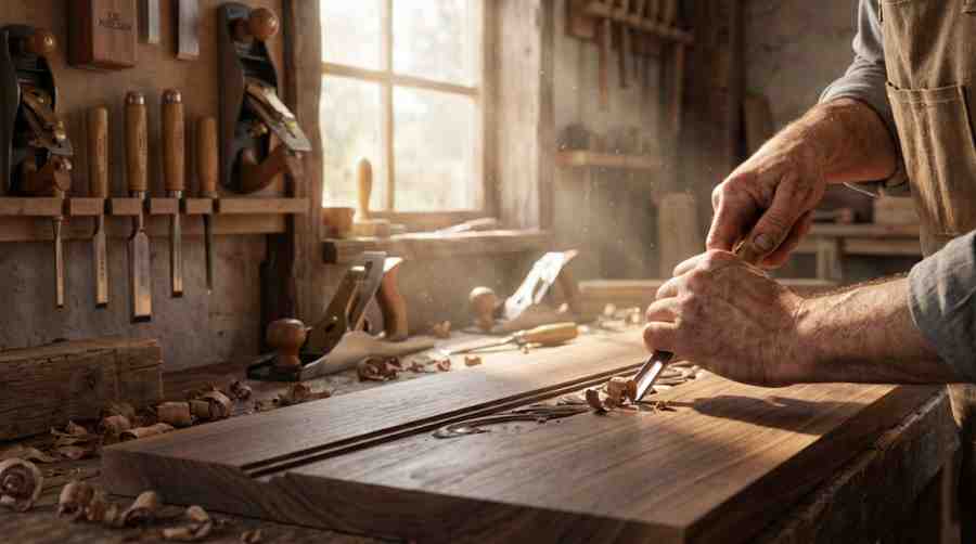 Close-up of hands woodworking on a premium table with soft golden sunlight and professional tools in a blurred background.