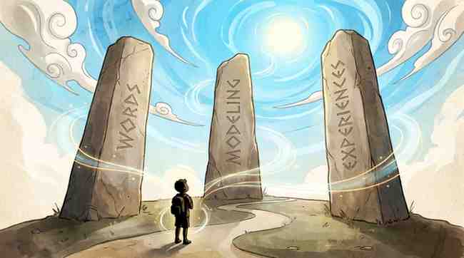 Conceptual graphic illustration of a young child looking up at three ancient pillars etched with Words, Modeling, and Experiences