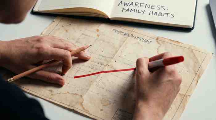 A close-up view of hands using a pencil and a red marker to draw on an old, stained paper labeled 'ORIGINAL BLUEPRINT' next to an open notebook that reads 'AWARENESS: FAMILY HABITS'.