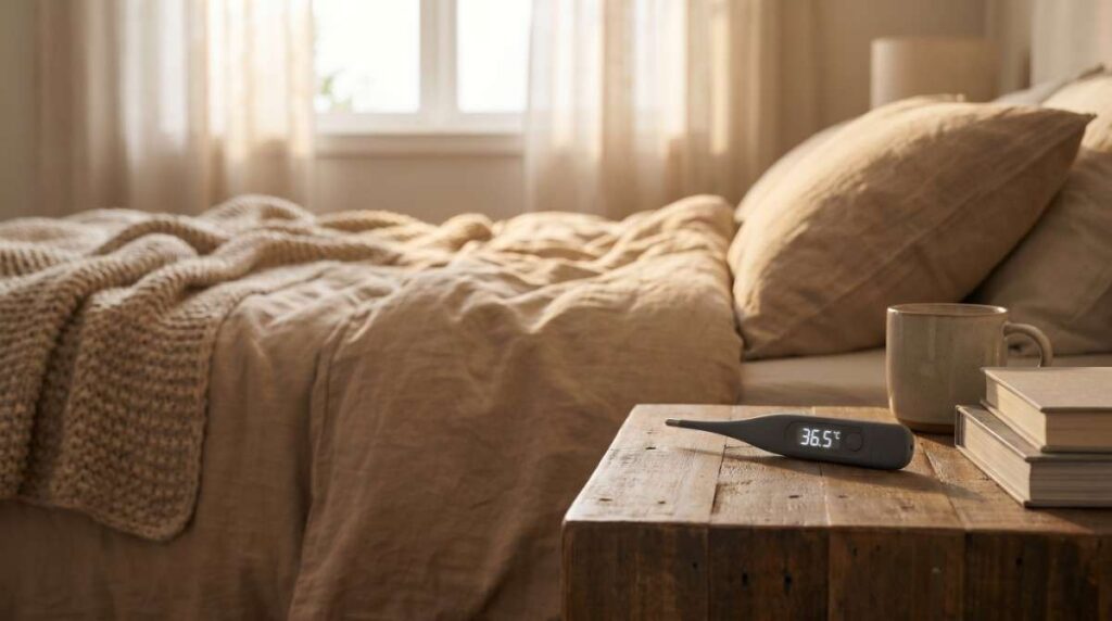 A digital thermometer on a bedside table ready for a morning basal body temperature test.