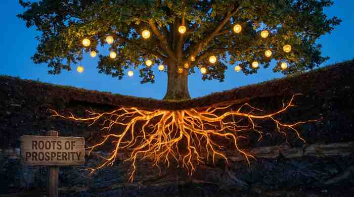 A cross-section of a healthy green tree with vibrant golden fruits above ground and massive, glowing intricate roots below the ground.