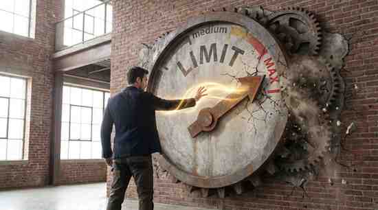 A medium shot from behind of a man in a dark blazer casting a beam of glowing golden light to push a large rusty wall needle past the "MAX" setting on a giant dial labeled "LIMIT."