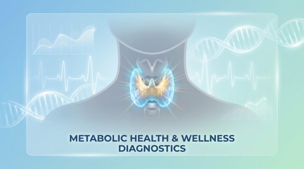 A scientific medical illustration of a thyroid gland regulating metabolism and health.