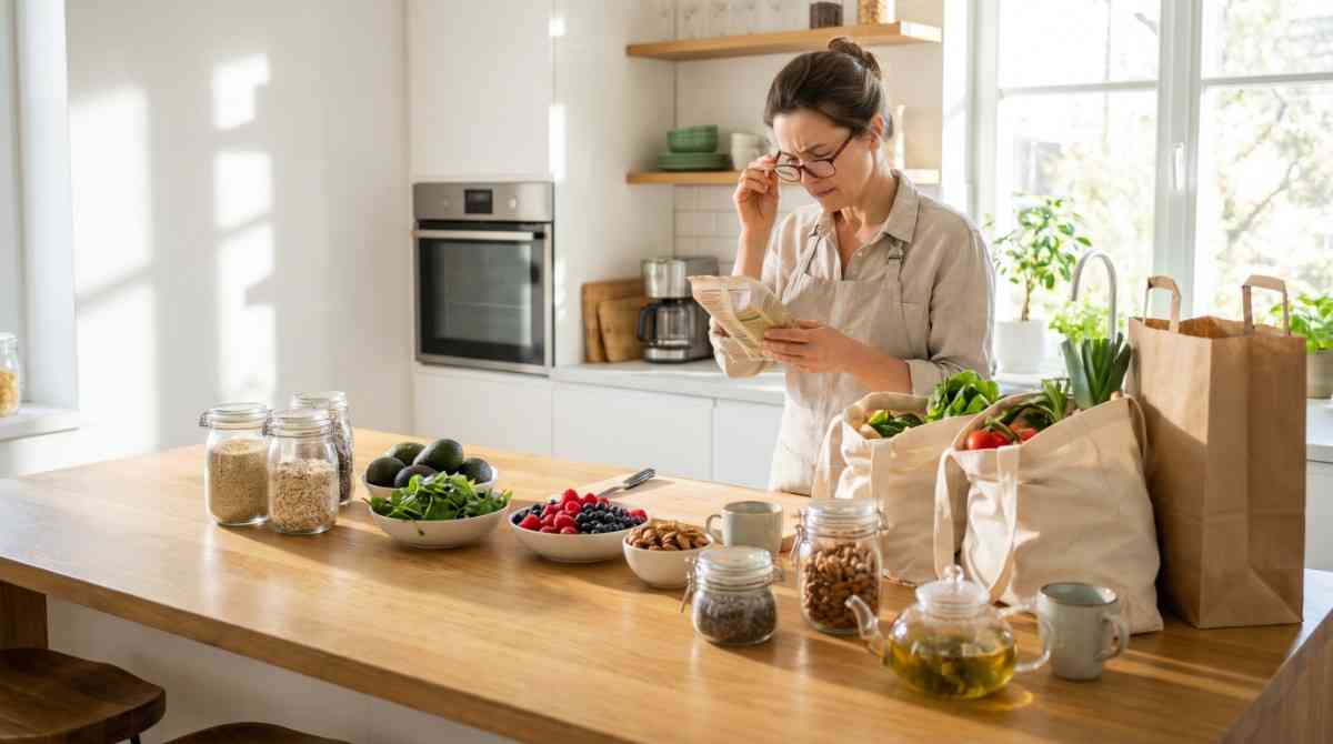 A woman in an apron reads a food nutrition label in a bright, modern kitchen next to a wooden counter filled with fresh berries, nuts, grains, and canvas grocery bags with vegetables, presented by devchandrika.com.