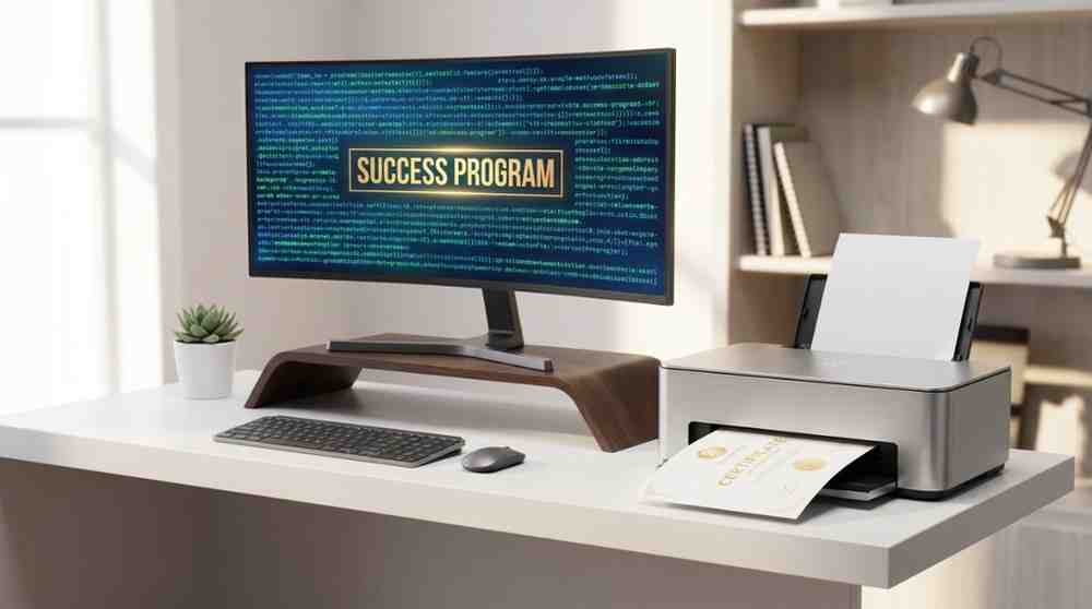 A minimalist desk with a monitor saying "SUCCESS PROGRAM" and a printer sliding out a crisp document with golden graphics.