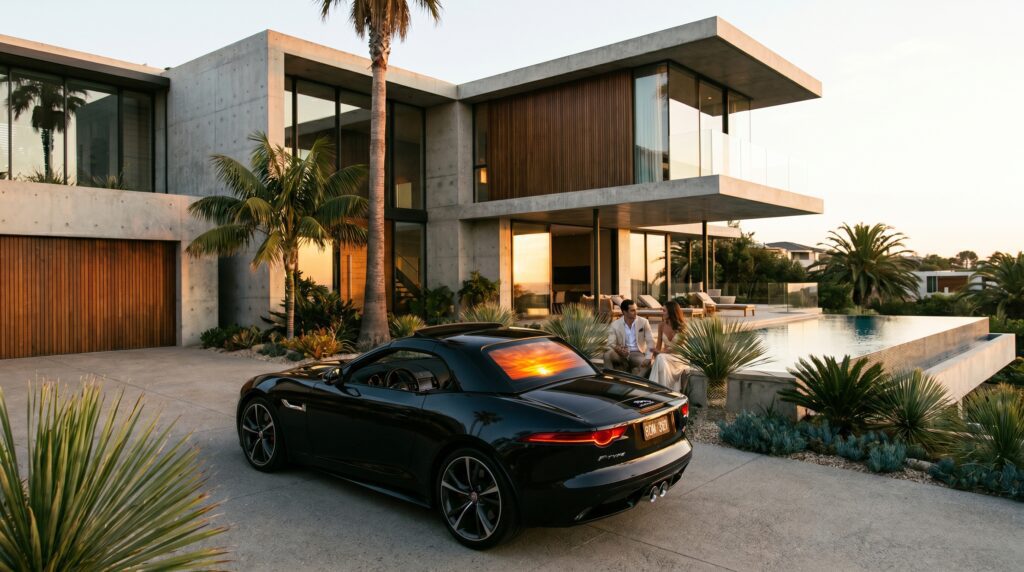 A glossy black Jaguar sedan parked in the driveway of a multi-story luxury modern estate with large glass windows during sunset golden hour.