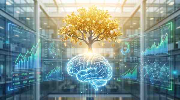 Professional hero image of a brain icon transitioning into a glowing tree with golden coins as leaves and digital charts