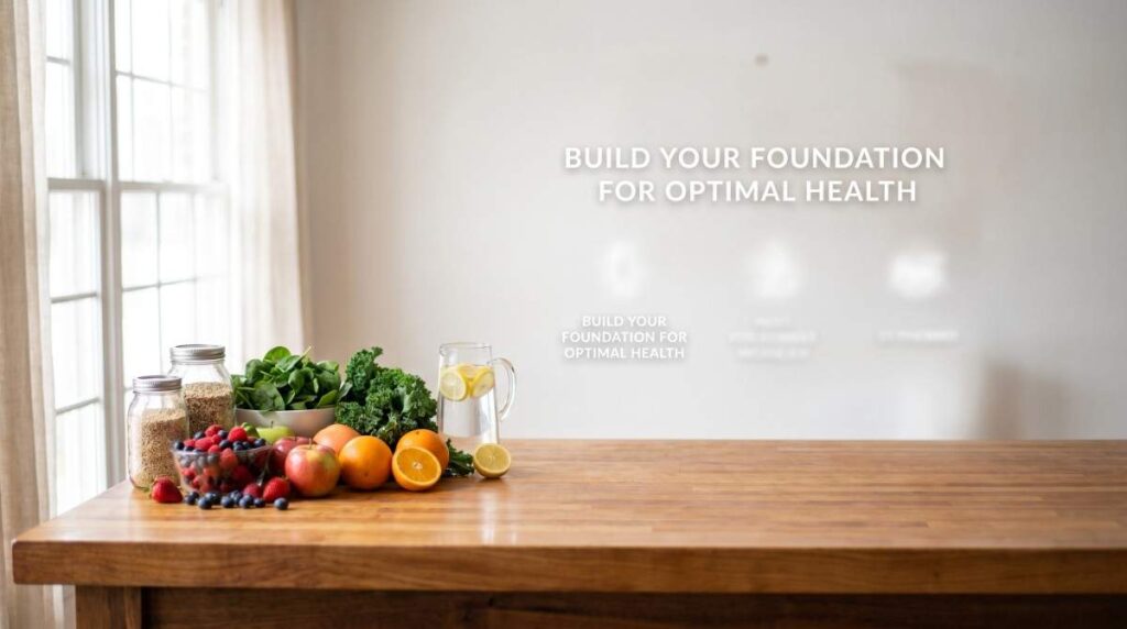 DevChandrika-A variety of healthy whole foods including berries, citrus fruits, leafy greens, grains in jars, and lemon water arranged on a wooden table in a bright, sunlit kitchen with the text "BUILD YOUR FOUNDATION FOR OPTIMAL HEALTH" on the wall.