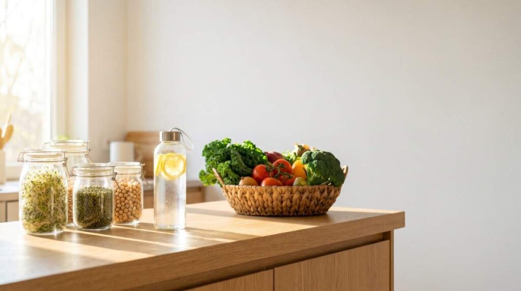Devchandrika-A sunny kitchen counter featuring a woven basket of fresh vegetables like broccoli, tomatoes, and kale, alongside glass jars of legumes and a clear bottle of lemon-infused water.