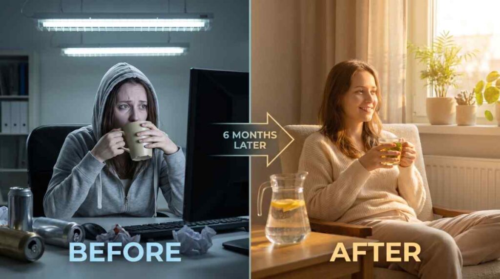 A side-by-side comparison titled Before and After 6 Months Later. The left shows an exhausted woman working at a messy desk under harsh office lights. The right shows the same woman smiling, relaxed in a bright living room, holding a glass of tea.https://www.devchandrika.com/