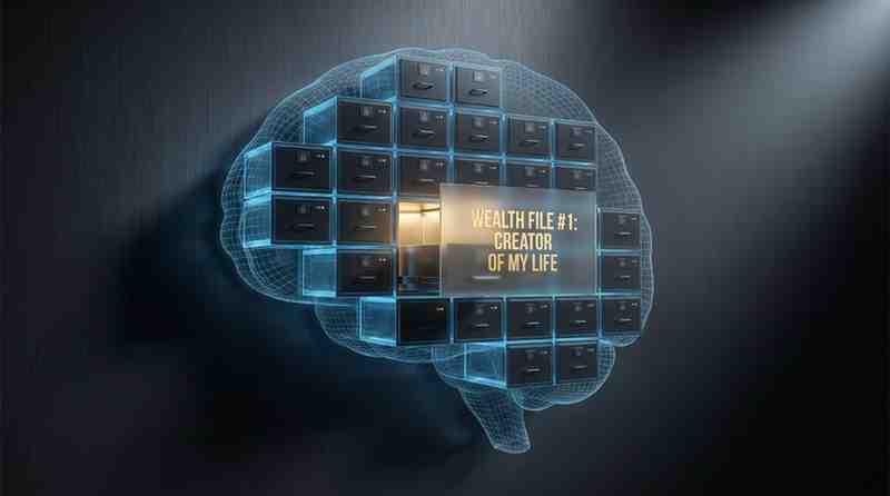 A side-angle visualization of a digital blue human brain constructed out of locked grey drawers, with a single central wooden drawer slid open and glowing with the golden text 'WEALTH FILE #1: CREATOR OF MY LIFE'.