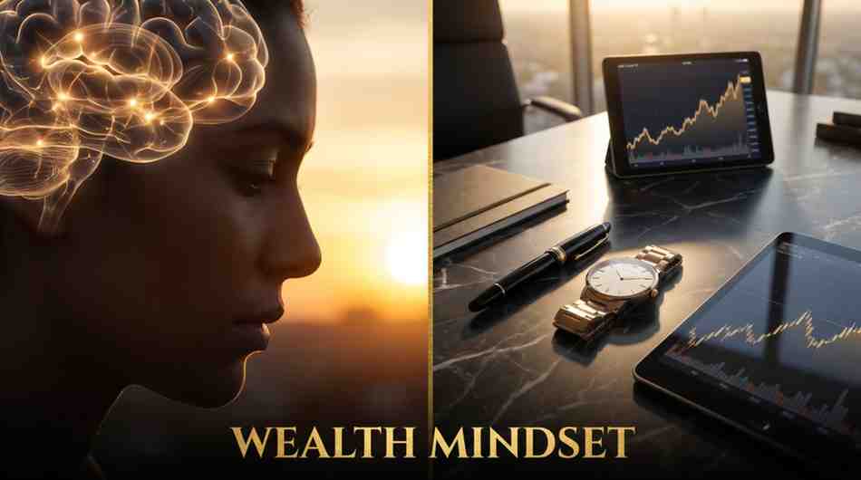 Hyper-realistic visualization of a wealth mindset featuring golden brain networks and a high-end marble desk with a luxury watch.