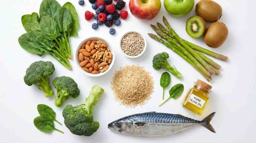 A rich assortment of fresh vegetables, fruits, nuts, seeds, and fish for an elimination diet.