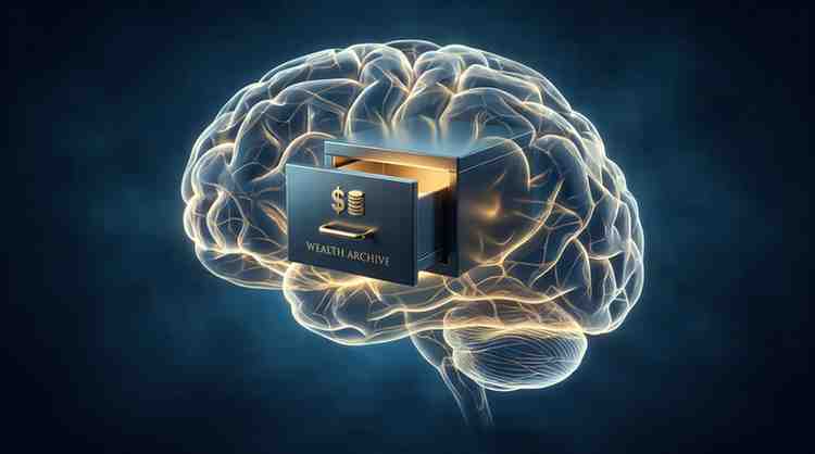 Surrealistic concept art of a clean modern filing cabinet inside a human brain silhouette with a glowing golden wealth drawer