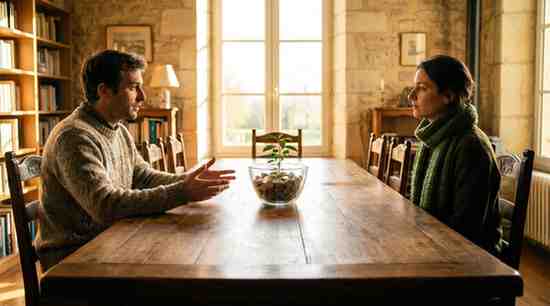 A man in a beige sweater gestures with his hands while speaking to a woman wearing a green knitted scarf across a long wooden table with a glass bowl containing a plant growing out of coins in the center.