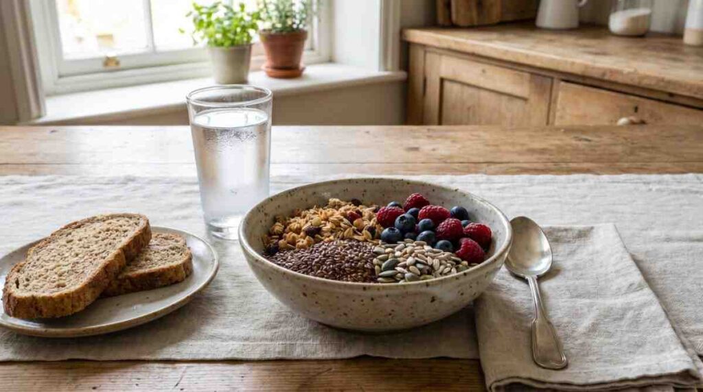 A nutritious breakfast bowl containing oatmeal, blueberries, raspberries, flax seeds, and pumpkin seeds on a wooden table, served with two slices of brown bread and a glass of water.