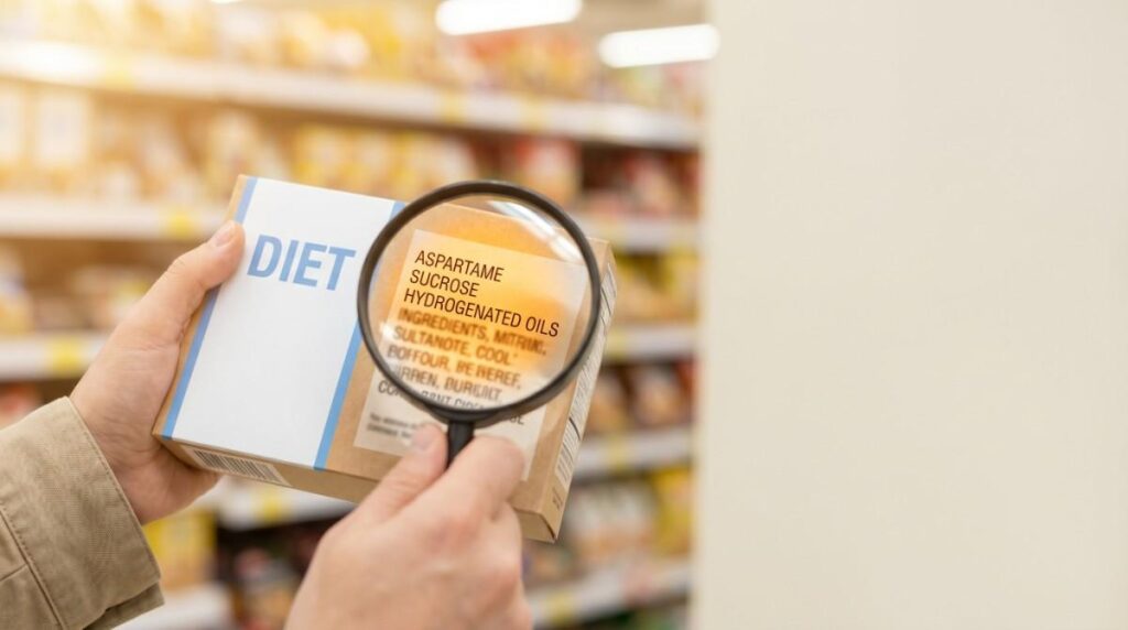 Devchandrika-A person in a grocery store aisle holding a product labeled "DIET" while using a magnifying glass to inspect an ingredient list that highlights Aspartame, Sucrose, and Hydrogenated Oils.