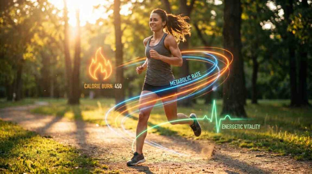 A fit woman running in a park, representing high calorie burn and a healthy metabolic rate.