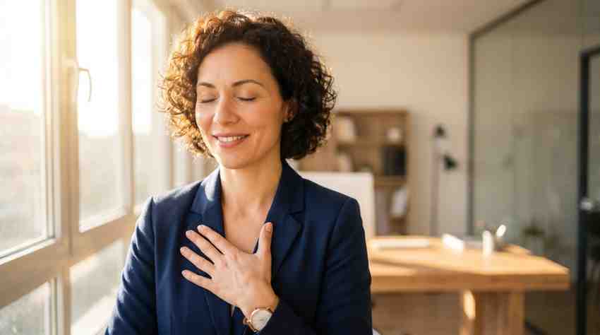 Close-up portrait of a confident smiling entrepreneur with eyes closed and hand over heart in a clean modern office