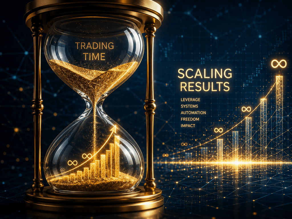 An elegant hourglass with golden sand turning into a rising financial bar chart, showing the transition from hourly wages to scaling results.