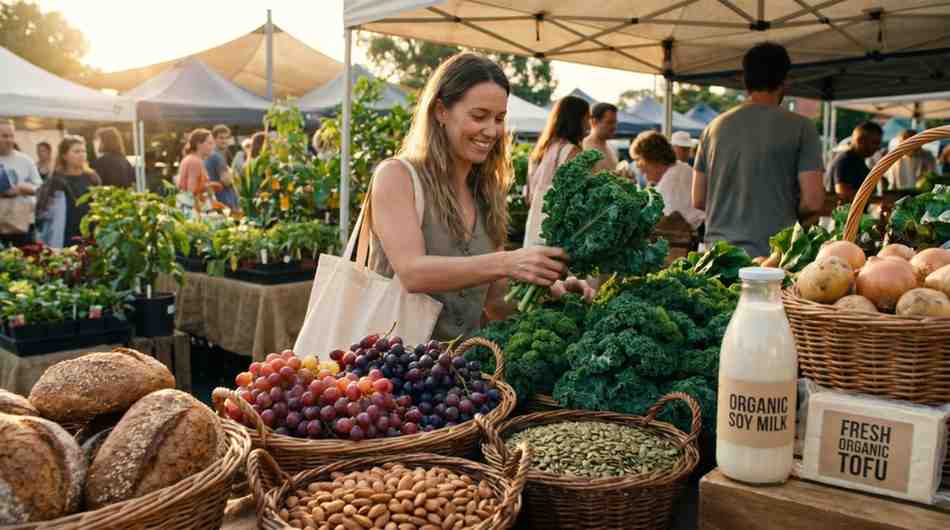 A happy woman choosing leafy green kale at an outdoor farmers market stall filled with baskets of fresh bread, grapes, nuts, seeds, and organic soy milk.
