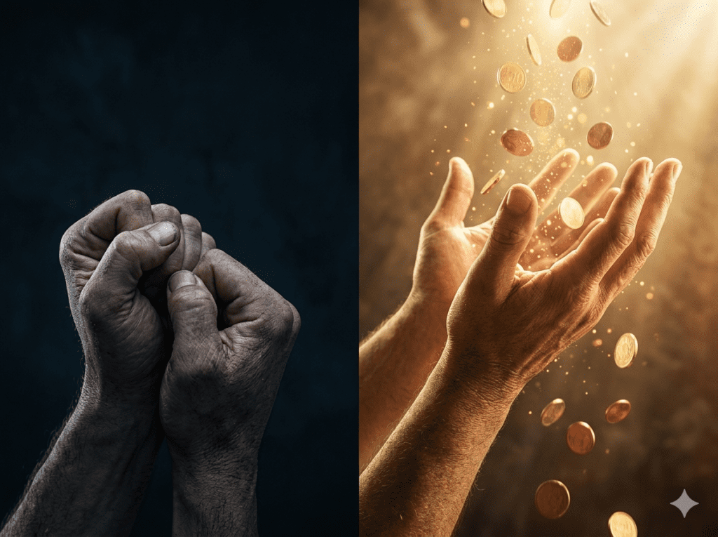 Open hands confidently receiving golden light and falling coins, symbolizing a shift from a poor mindset to a millionaire mindset.