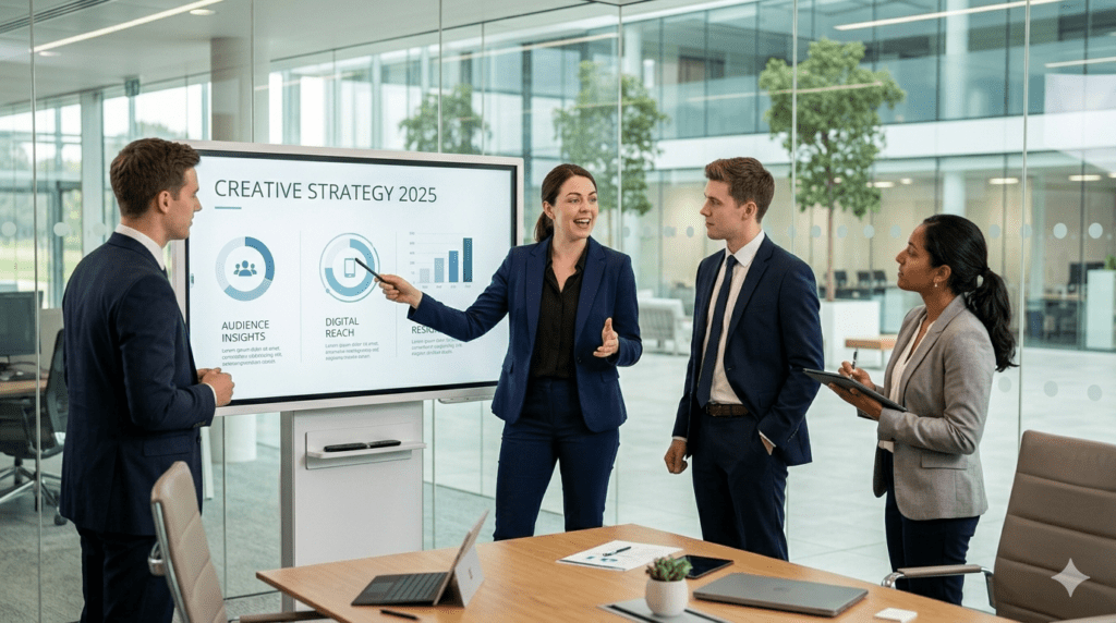 A professional businesswoman pointing at a presentation board during a corporate meeting in a modern boardroom with a city skyline view through large windows.
