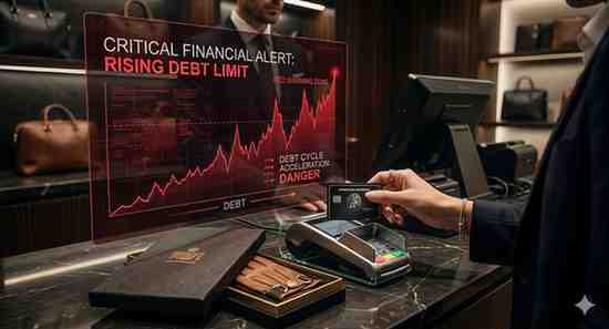 A close-up view from behind a store counter showing a person's hand holding a sleek credit card over a payment terminal next to a glowing red digital overlay graph labeled 'CRITICAL FINANCIAL ALERT: RISING DEBT LIMIT'.