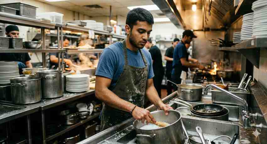 A young man in an apron washing pots in a busy commercial restaurant kitchen with chefs cooking in the background, showing a dedicated learning experience.
