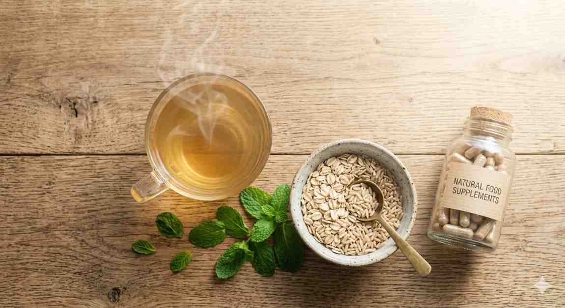An overhead shot of a wooden table with a steaming glass of herbal tea, a small bowl of oats and rice with a spoon, fresh mint leaves, and a glass bottle labeled 'NATURAL FOOD SUPPLEMENTS'.