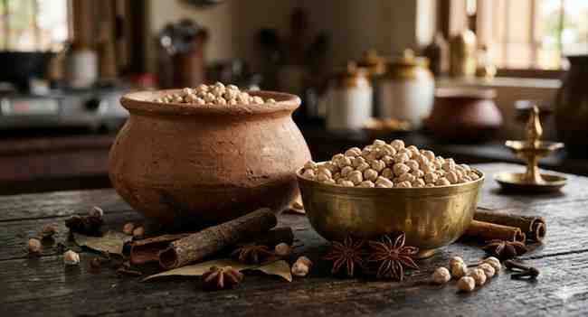 Cinematic shot of a rustic clay pot and brass bowl with raw chickpeas, cinnamon, and star anise on dark wooden counter