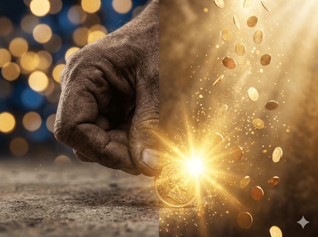 A close-up of a person picking up a gold coin from the ground during a bright golden hour to symbolize attracting wealth.