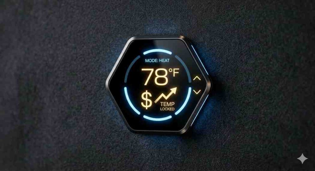 Ultra-modern digital thermostat with a blue and gold neon glow showing a locked high temperature and a golden currency symbol.