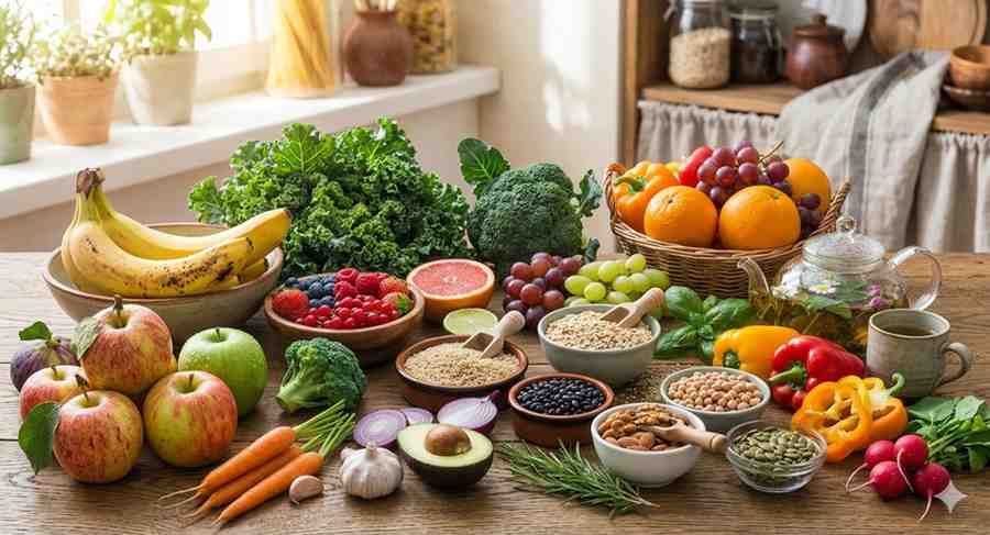 A rich and colorful variety of fresh organic fruits, green vegetables, whole grains, nuts, and seeds arranged on a wooden kitchen table next to a glass teapot, curated by devchandrika.com.
