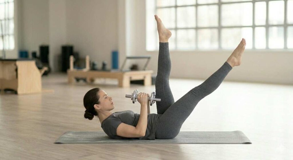 A woman on a fitness mat performing a crunch with her legs raised high and open wide, holding a silver dumbbell with both hands.